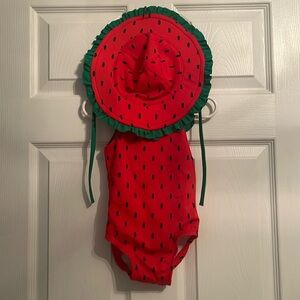 Hanna Andersson 2T Toddler Strawberry Print Swimsuit and Matching Floppy Sun Hat